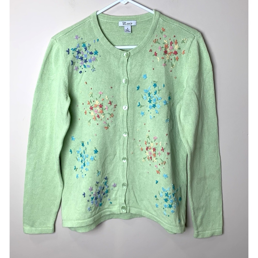 Tog Shop Embroidered Cardigan Womens Small Green Floral *STAIN* on arm